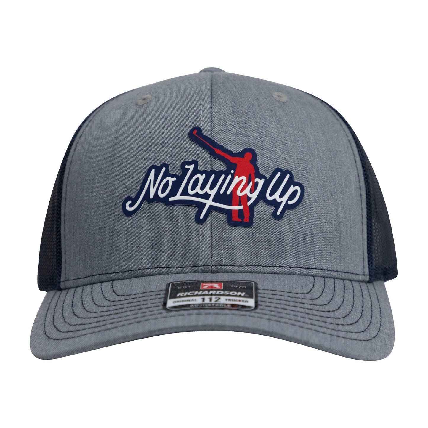 No Laying Up Logo Lock Up Trucker Hat | Grey/Navy w/ Red/White/Blue Silicone Patch