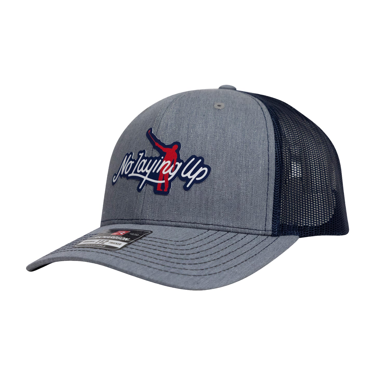 No Laying Up Logo Lock Up Trucker Hat | Grey/Navy w/ Red/White/Blue Silicone Patch