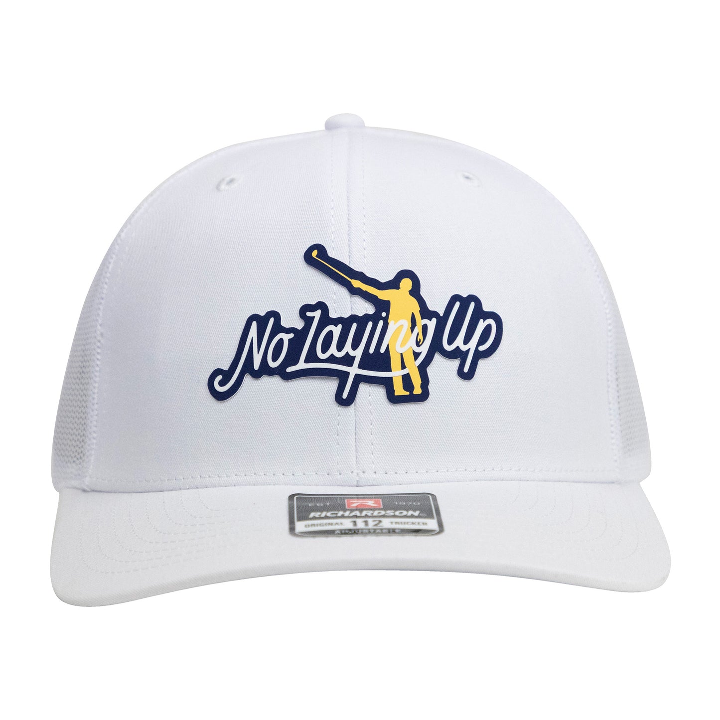 No Laying Up Logo Lock Up Trucker Hat | White w/ Navy/Yellow Silicone Patch