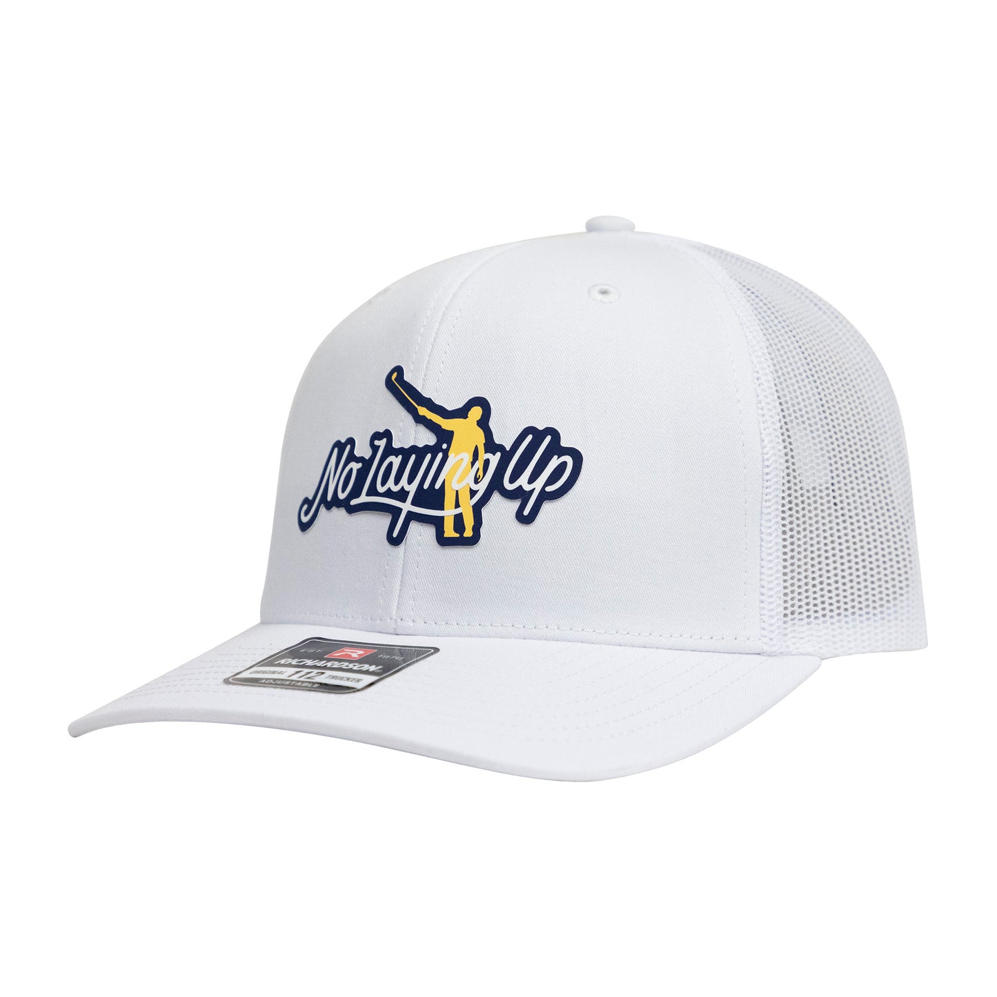 No Laying Up Logo Lock Up Trucker Hat | White w/ Navy/Yellow Silicone Patch