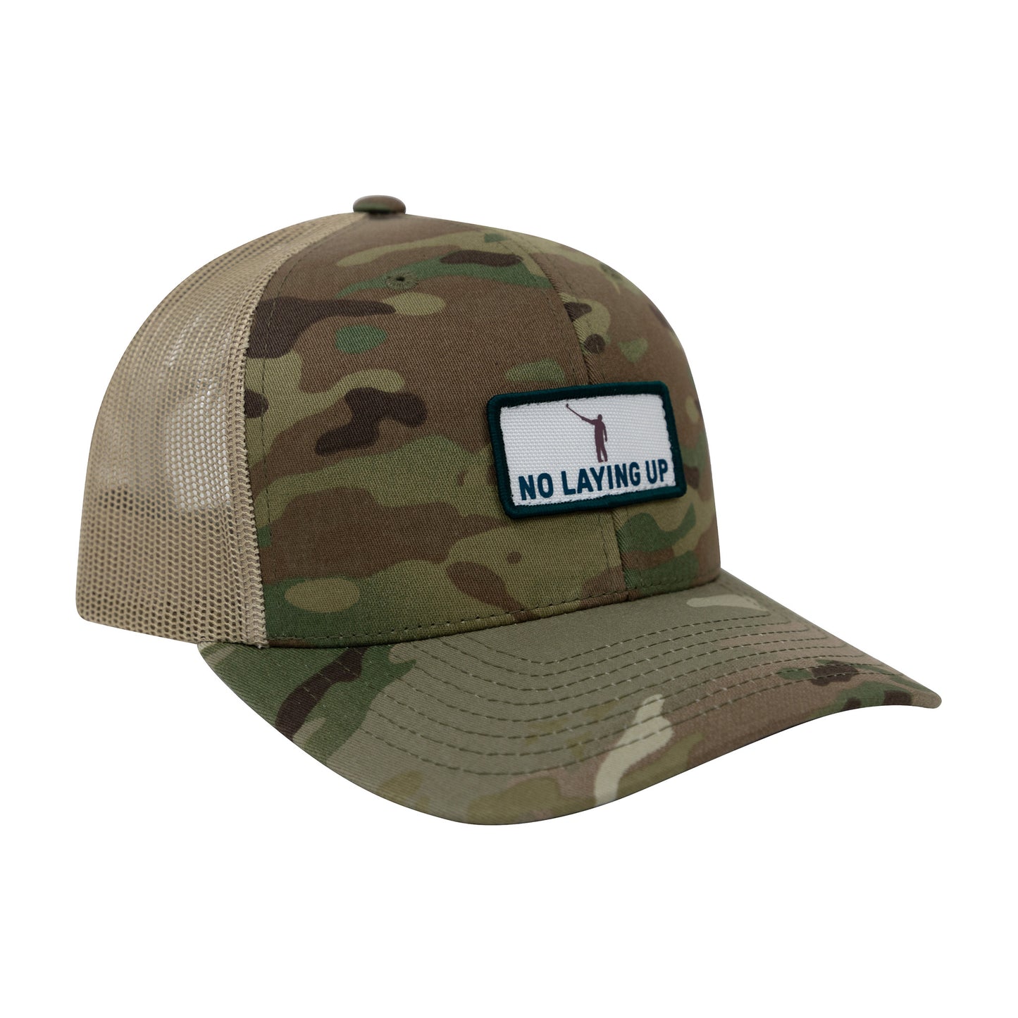 No Laying Up Wayward Patch Trucker Hat | Khaki Camo w/ White, Teal, & Rust Patch