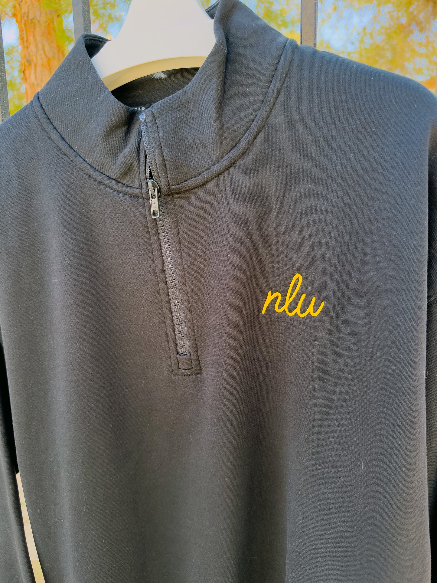 NLU x Levelwear Murray Fleece Quarterzip | Black w/ Mustard Script