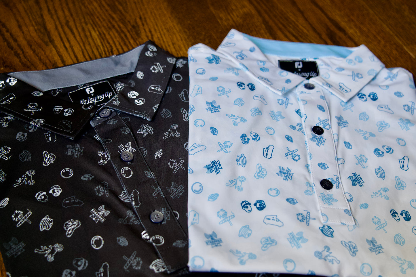 NLU x FJ Strapped Icons Printed Polo | Black (Athletic Fit)