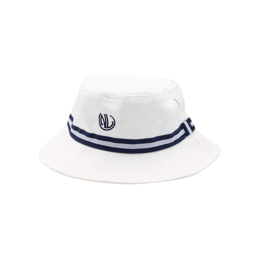Kids NLU Monogram Bucket Hat - White w/ Navy Ribbon