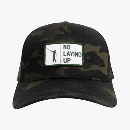 No Laying Up Trucker Hat | Black Camo w/ White & Green Patch