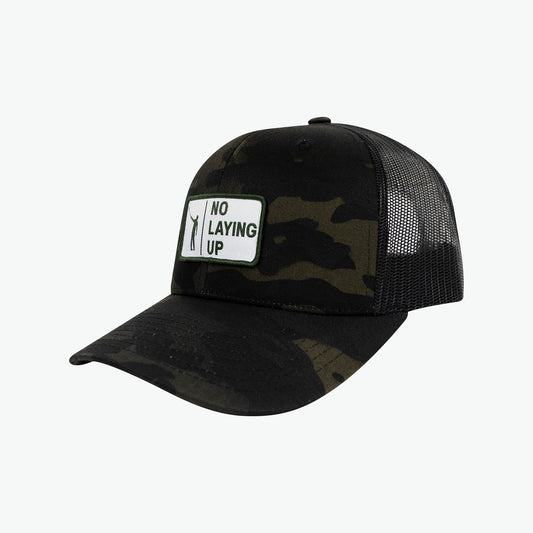 No Laying Up Trucker Hat | Black Camo w/ White & Green Patch