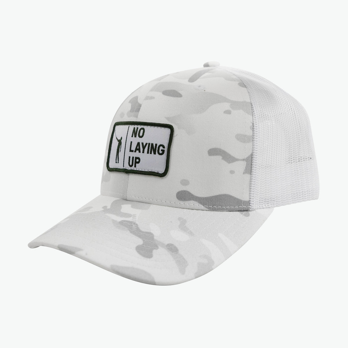 No Laying Up Trucker Hat | White Camo w/ White & Green Patch