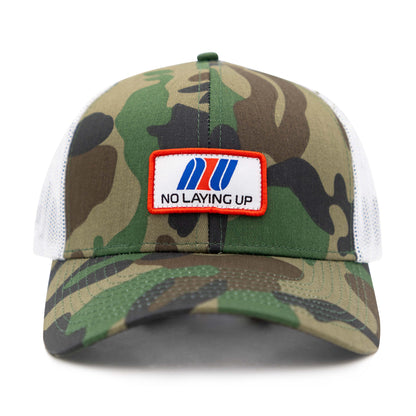 NLU Custom Airline Trucker Hat | Camo w/ White Mesh & Red/White/Blue Patch