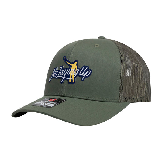 No Laying Up Logo Lock Up Trucker Hat | Loden Green w/ Navy/Yellow Silicone Patch