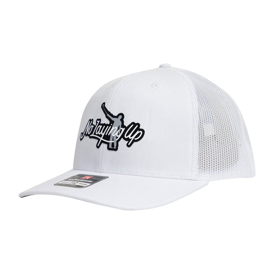 No Laying Up Logo Lock Up Trucker Hat | White w/ Grey/Black Silicone Patch