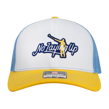 No Laying Up Logo Lock Up Trucker Hat | White Tri-color w/ Navy/Yellow Silicone Patch