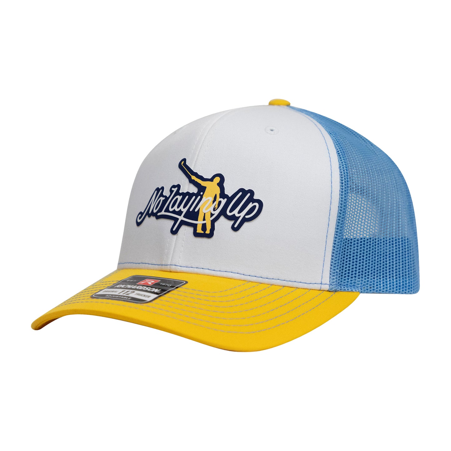 No Laying Up Logo Lock Up Trucker Hat | White Tri-color w/ Navy/Yellow Silicone Patch