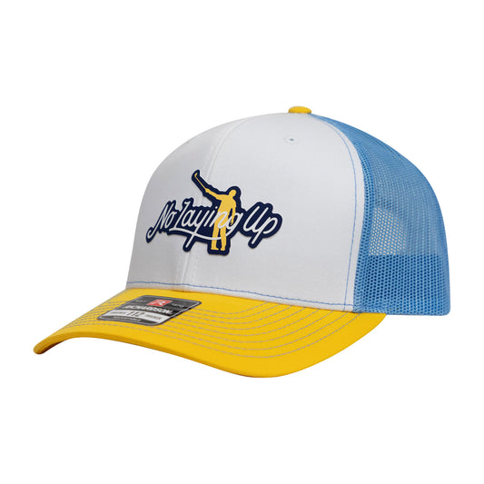 No Laying Up Logo Lock Up Trucker Hat | White Tri-color w/ Navy/Yellow Silicone Patch