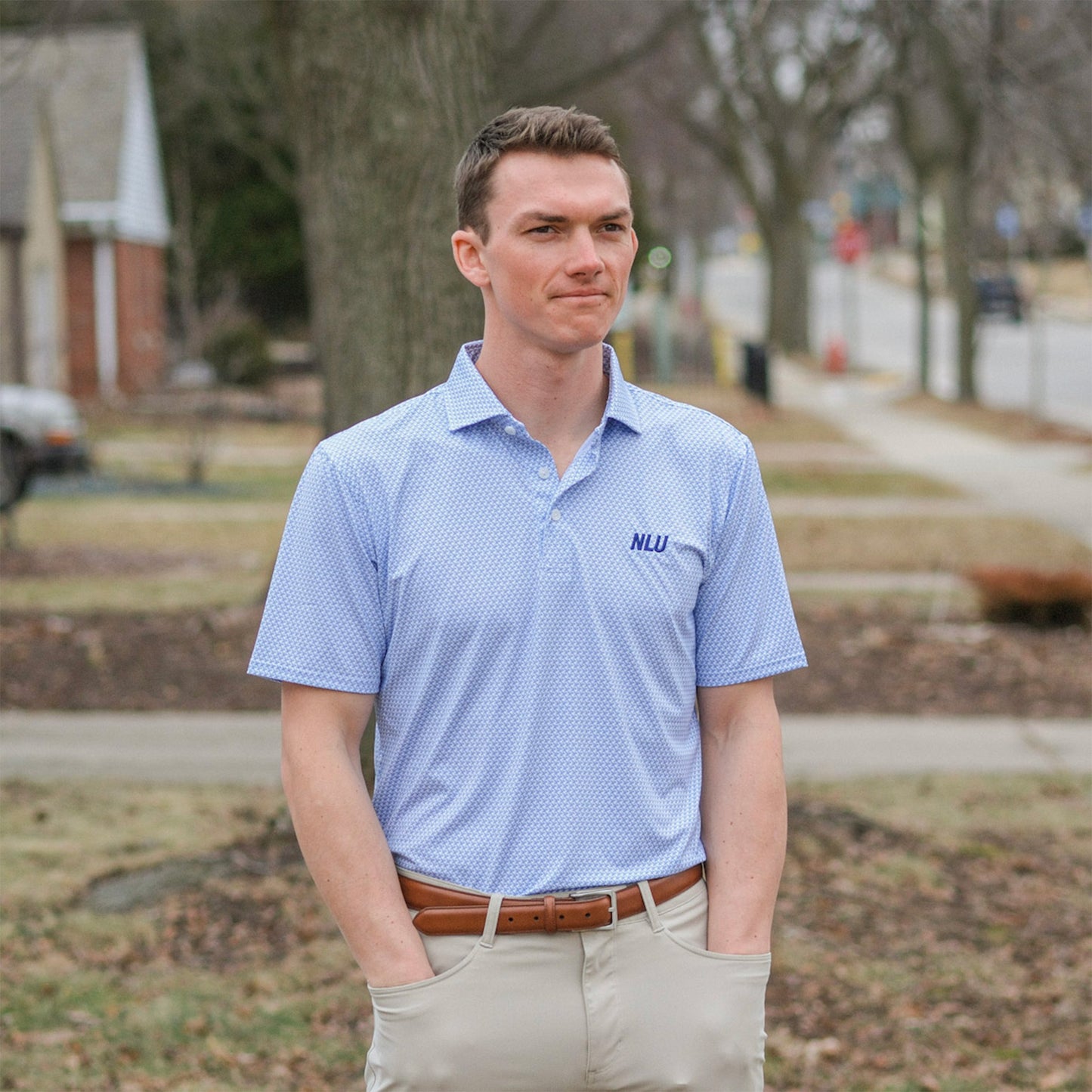 NLU x H&B Justice Printed Polo | Harbor & Maidstone Blue