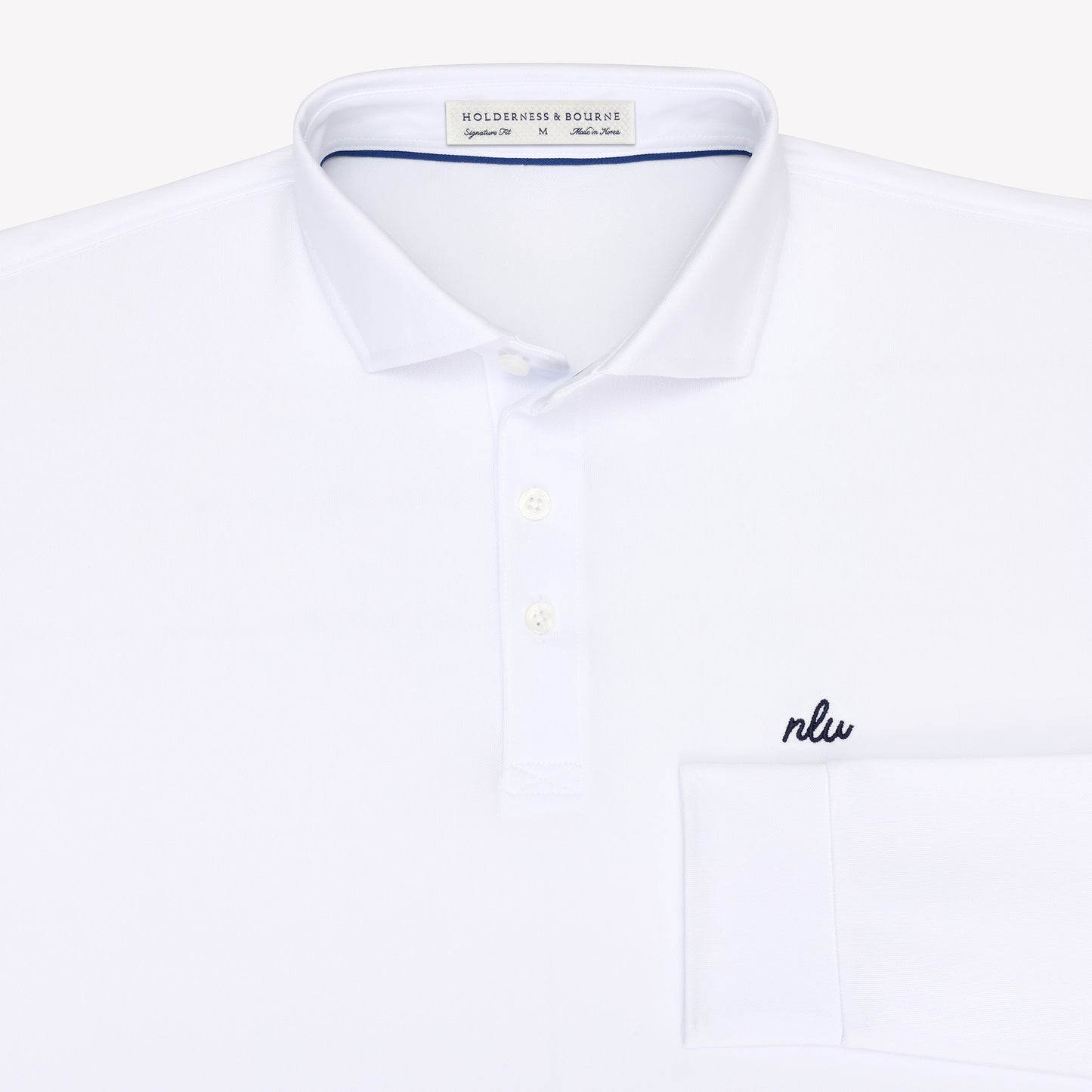 NLU x H&B Abbott Long Sleeve Polo | White w/ Navy Script Initials