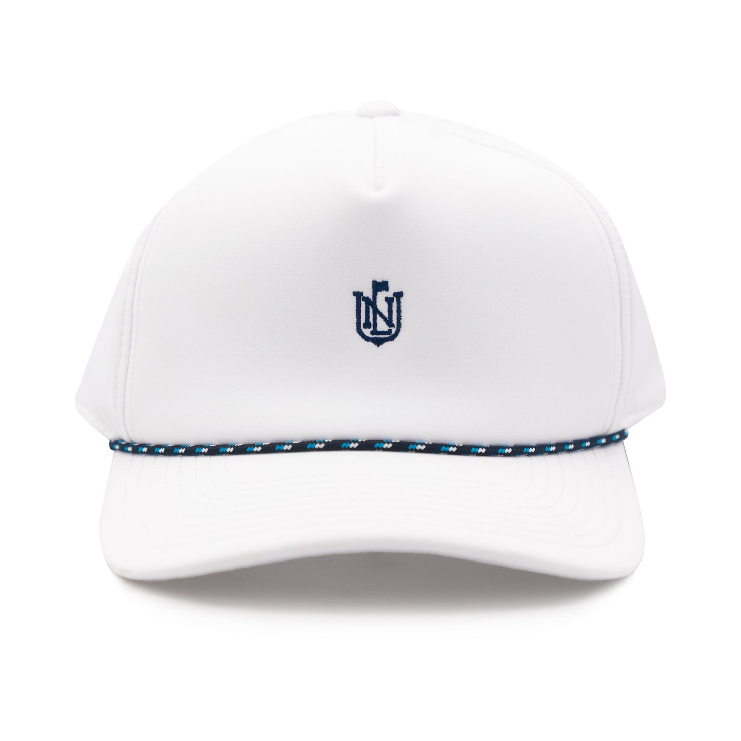 The NLU Crest Performance Rope Hat | White w/ Blue Crest + Multi-Blue Rope