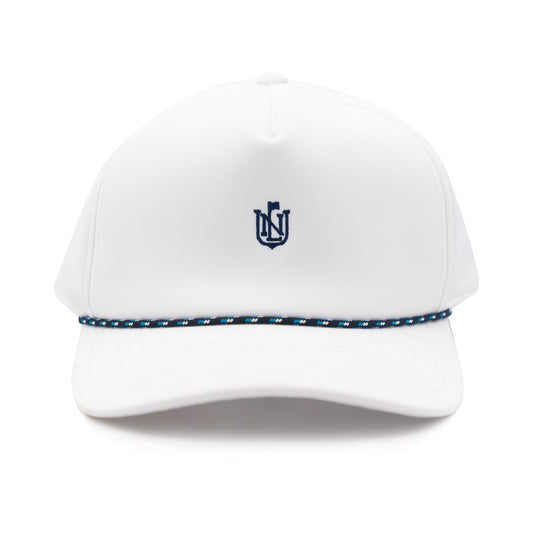 The NLU Crest Performance Rope Hat | White w/ Blue Crest + Multi-Blue Rope