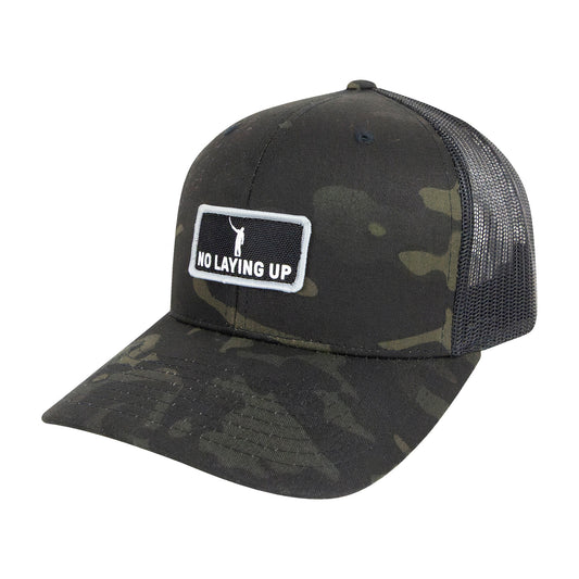 No Laying Up Wayward Patch Trucker Hat | Black Camo w/ Black & White Patch