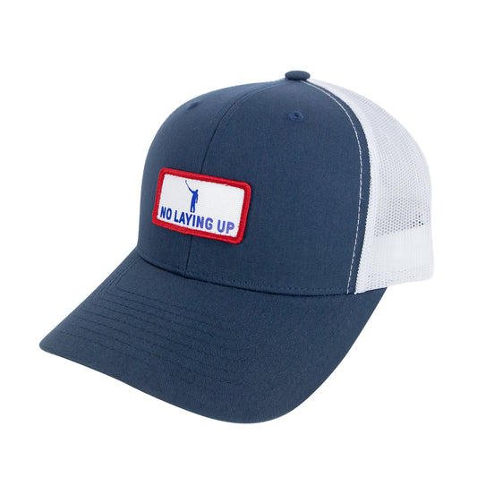 No Laying Up Wayward Patch Trucker Hat | Navy/White w/ Red, White, & Blue Patch
