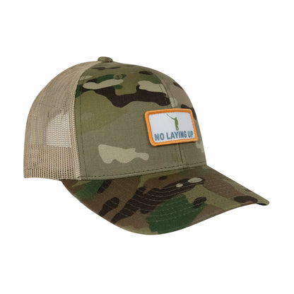 No Laying Up Wayward Patch Trucker Hat | Khaki Camo w/ White, Green, & Light Blue Patch