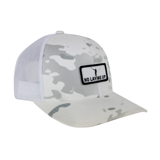 No Laying Up Wayward Patch Trucker Hat | White Camo w/ White & Black Patch