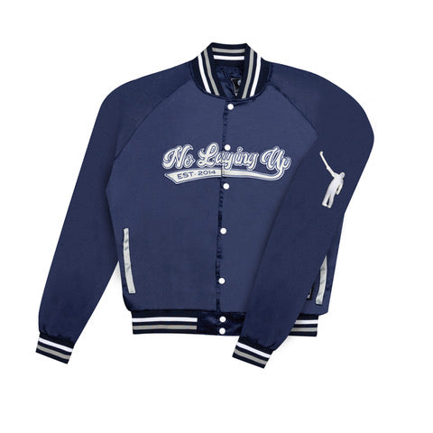 No Laying Up x Official League Summer Satin Baseball Jacket | Navy & Silver