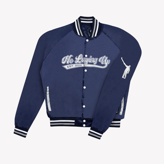 No Laying Up x Official League Summer Satin Baseball Jacket | Navy & Silver