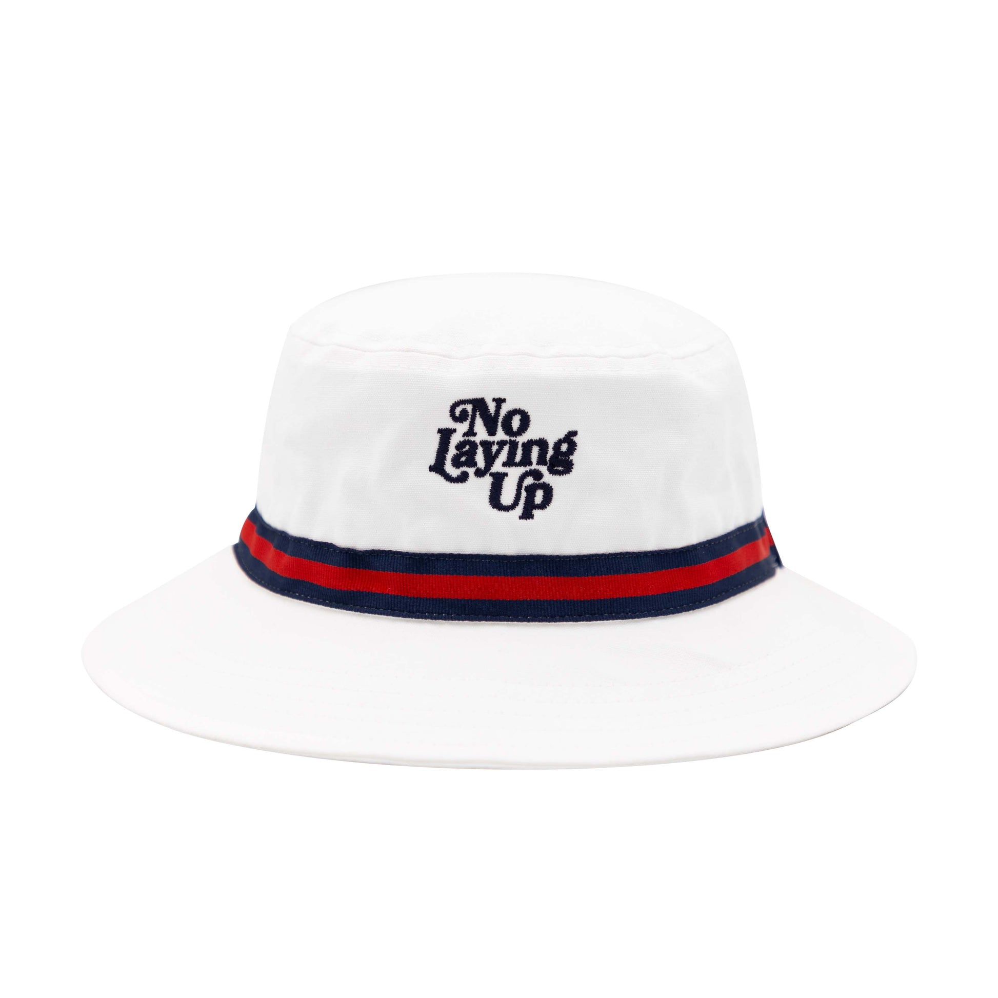 Hat- XL white bucket hat navy ribbon with red stripe navy logo