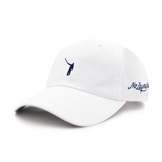 The No Laying Up Performance Hat w/ Dual Logos | White w/ Navy Wayward Drive and Modern Script