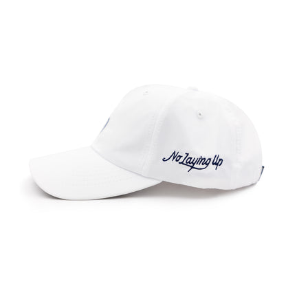 The No Laying Up Performance Hat w/ Dual Logos | White w/ Navy Wayward Drive and Modern Script