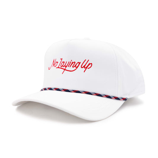 No Laying Up Modern Script Rope Hat | White w/ Navy/Red Rope and Red Script