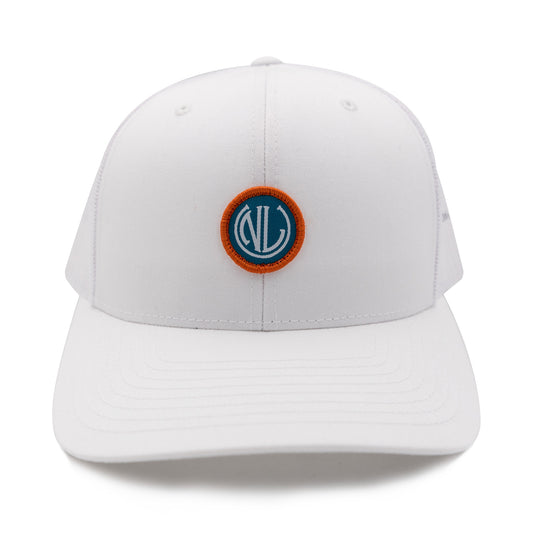 NLU Monogram Patch Hat | Teal and Orange on White with White Mesh