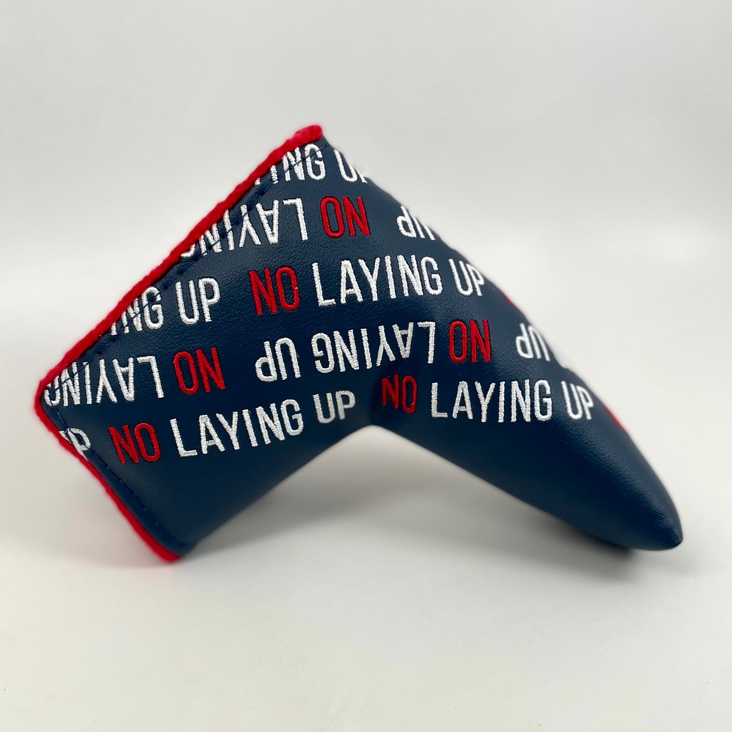 No Laying Up Blade Putter Cover | Navy w/ Red and White Repeating Wordmark