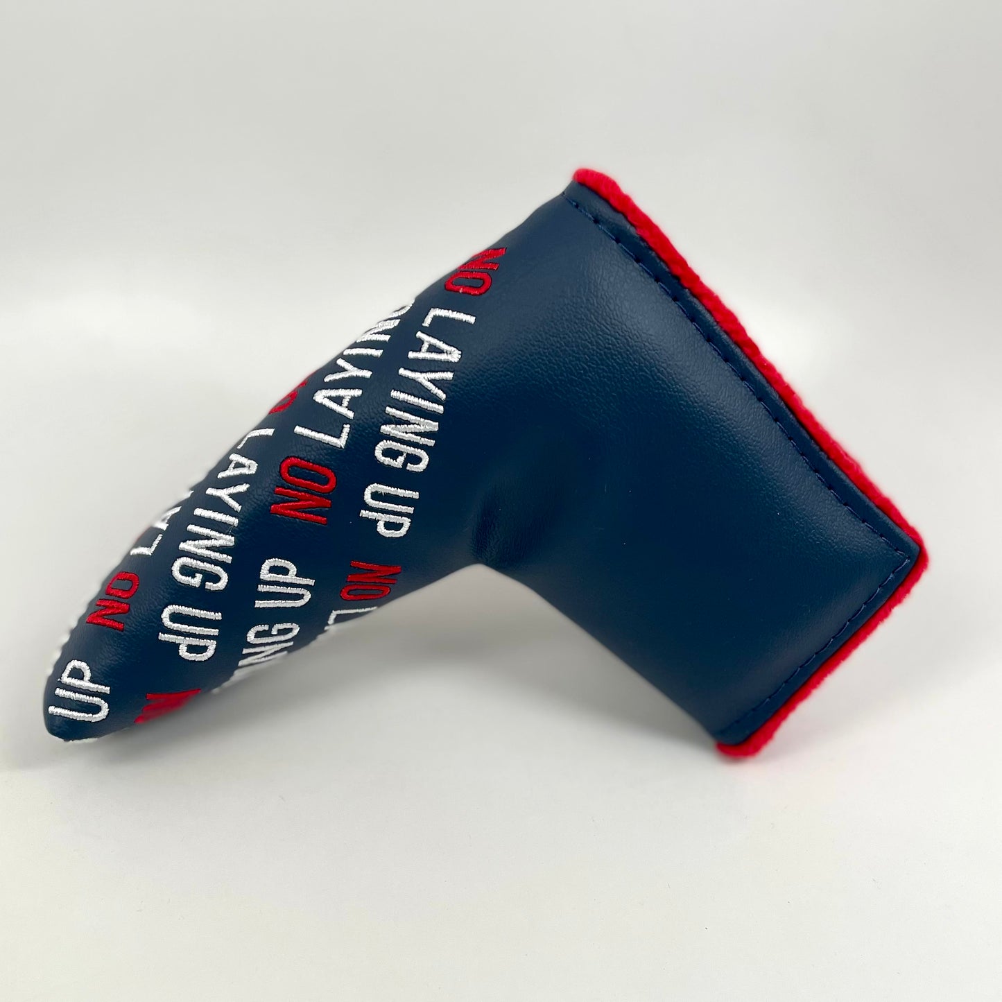 No Laying Up Blade Putter Cover | Navy w/ Red and White Repeating Wordmark