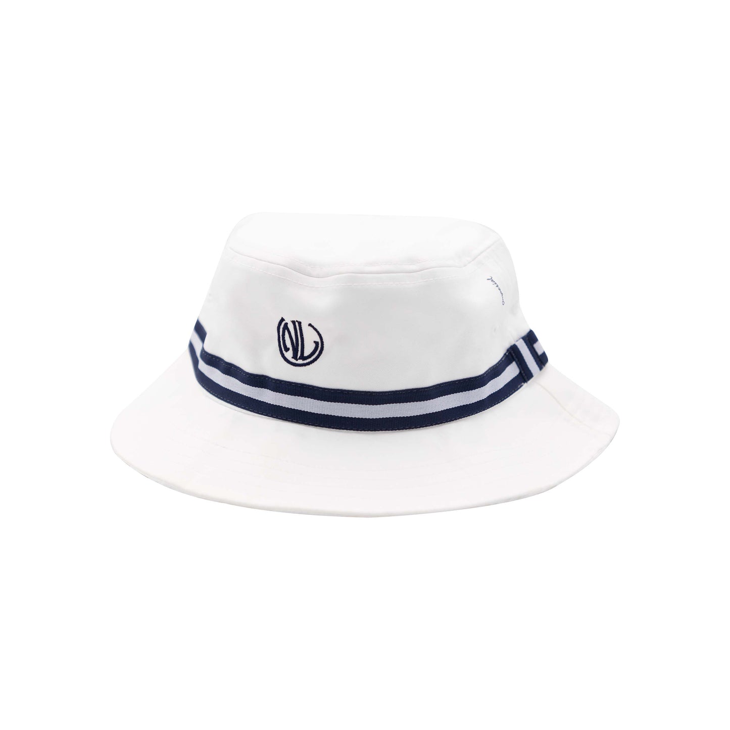 Kids NLU Monogram Bucket Hat - White w/ Navy Ribbon