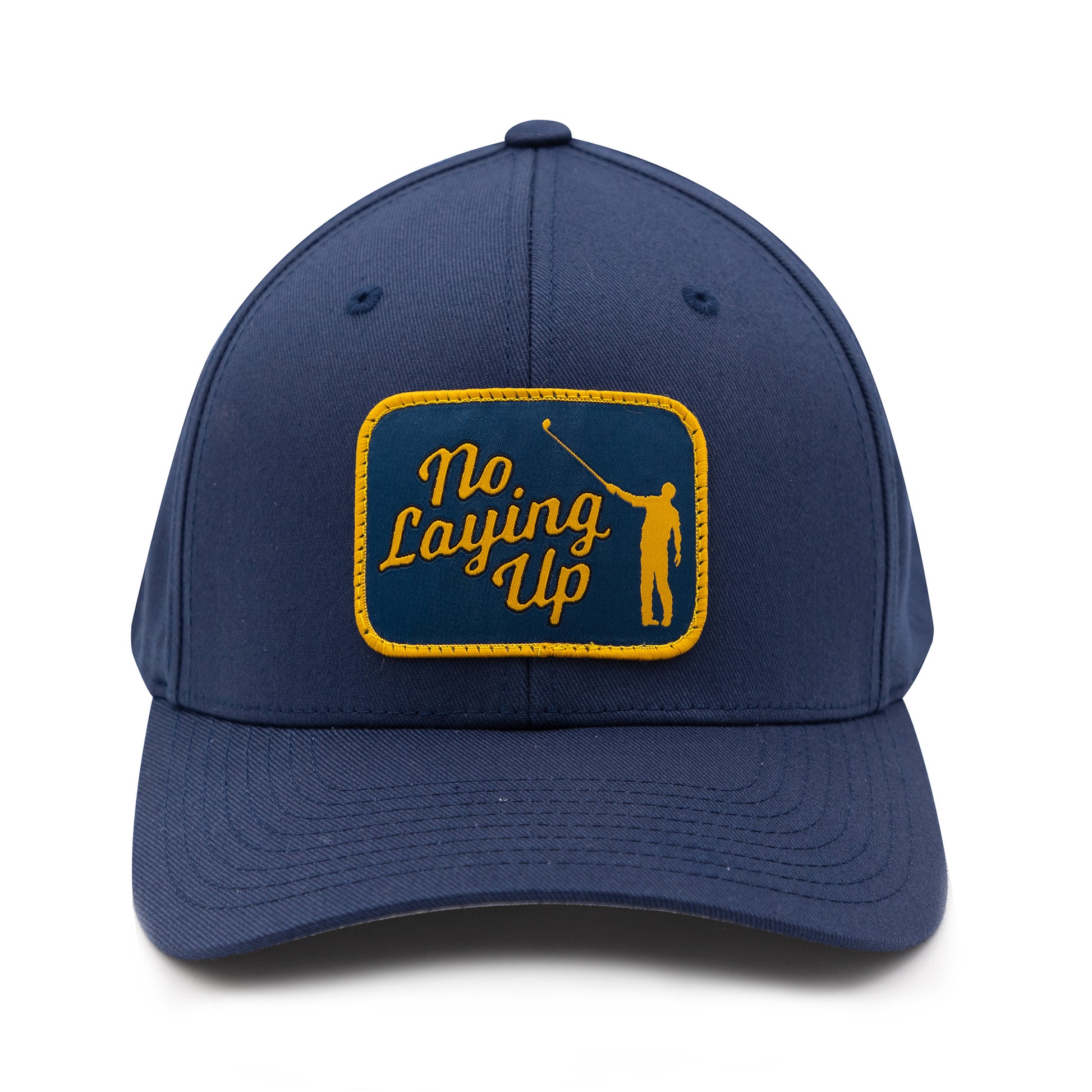 No Laying Up XXL Patch Hat  Navy FlexFit with Gold and Navy Retro Rec