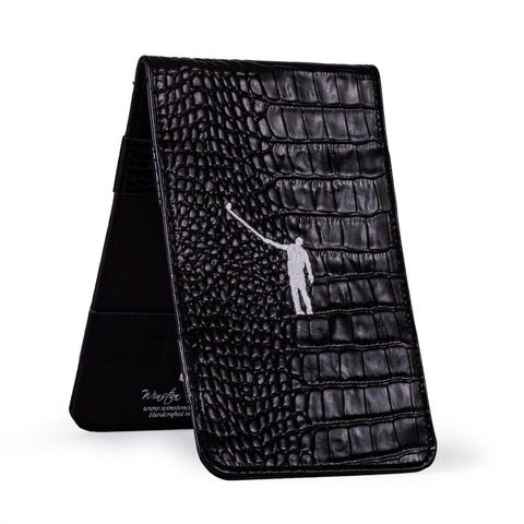 Yardage Book Cover | Black Gator Leather w/ White Wayward
