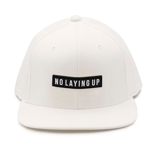 No Laying Up Snapback Hat | White Adjustable FlexFit with Black No Laying Up PVC Patch